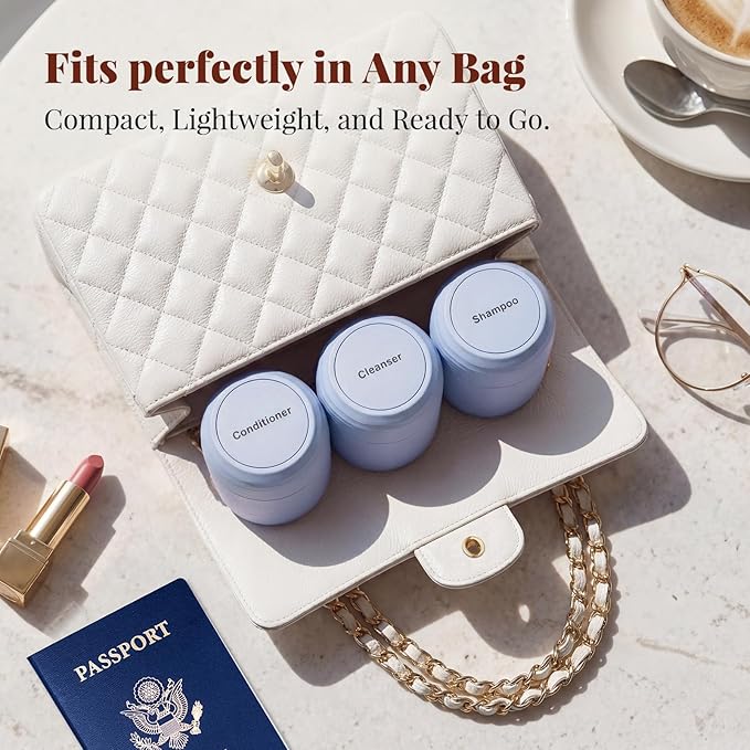 New Travel Toiletry Containers [Ultra Leakproof] TSA-Approved, PLA Hard Shell Jars with 5 Magnetic Labels, Wide Mouth Bottles for Lotion, Cleanser, Shampoo, Conditioner, Blue, 3 Pack, 2OZ