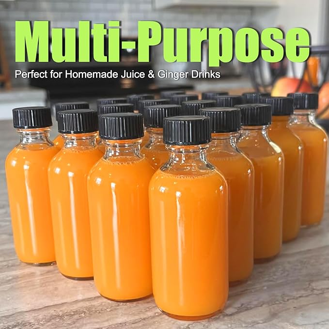 2 oz (60ml) 15 Pack Leak-Proof Clear Glass Boston Round Bottles with lids - Mini Travel Containers for Ginger Shots, Juice, Whiskey, Samples | W/Labels, Funnels & Brushes
