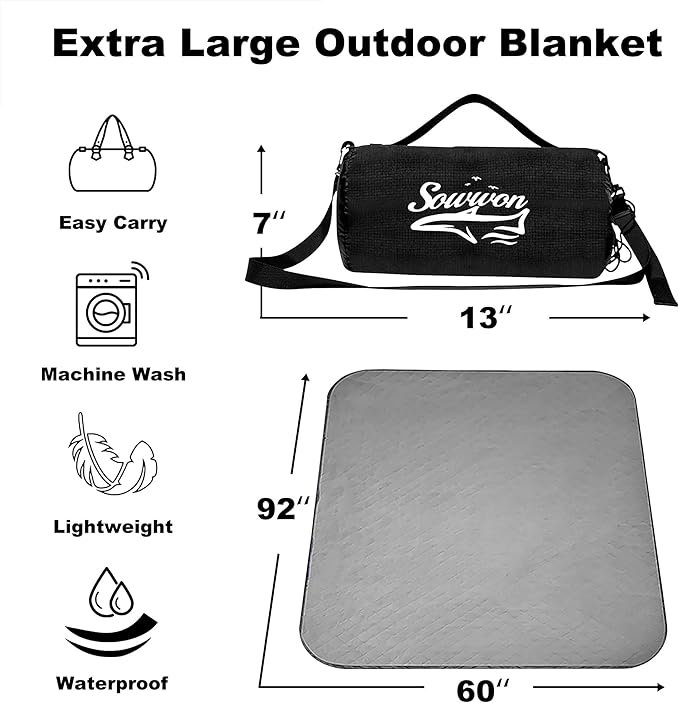 Waterproof Outdoor Blanket 92”X 60” Packable, Stadium Blankets for Camping with Quilted Fleece Lining, Large Windproof Emergency Throw Mat for Garss Picnic Hiking Road Trip, Machine Washable, Black