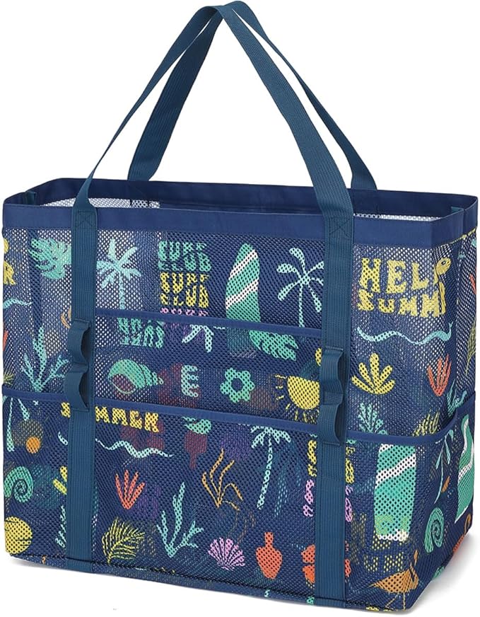 Fammart Mesh Beach Bag, Large Beach Tote with Zipper Pocket, Toys Pool Bag for Family Travel Vacation Cruise Essentials