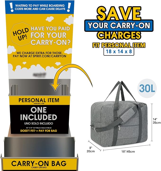 For Spirit Airlines Personal Item Bag 18x14x8 Foldable Travel Duffel Bag Tote Duffle Carry on Luggage for Women and Men 30L (Grey (With Shoulder Strap))