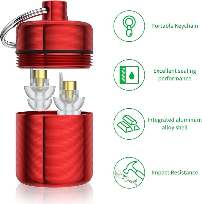 Ear Plug Carrying Case Keychain(2 Pack), Small Waterproof Metal Earplug Case Ear Plug Holder Container Great for Earplugs, Pills Case Pill Box and Jewelry Holder (Grey Red)