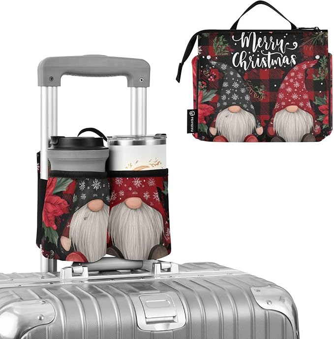 Red Black Checkered Christmas Gnomes Holly Luggage Cup Holder Travel Portable Free Hand Drink Carrier Suitcase Drinks Beverage Holder Carry-On Bottle Mug Holder Organizer Bag Travelers Accesso