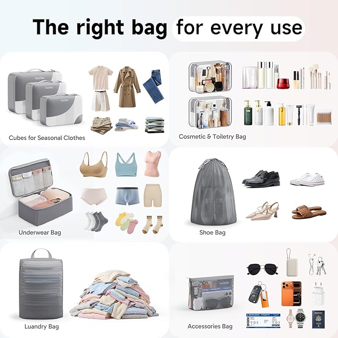 11 Set / 9 Set Packing Cubes for Travel,Gifts for Women Mom Kids,TSA Approved Bags for Makeup, Cosmetic, Toiletry, Organizers for Suitcase Carry On, Cruise Essentials Airplane Accessories, Grey