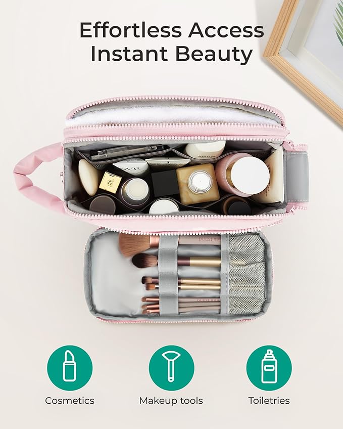 BAGSMART Travel Makeup Bag Organizer, Puffy Make Up Bag, Cosmetic Organizer Case for Travel Essentials Toiletries Accessories Bottles, Brushes (Pink)