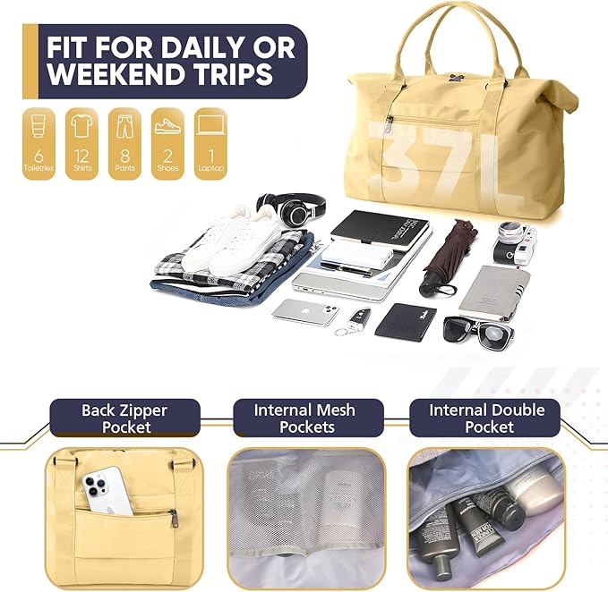 Travel Duffle Bag, Weekender Travel Bag Men Small Gym Bag for Women, Hospital Bag for Labor and Delivery, Overnight Bag Luggage Bag with Trolley Sleeve, Airplane Travel Essentials for Flying(Yellow)