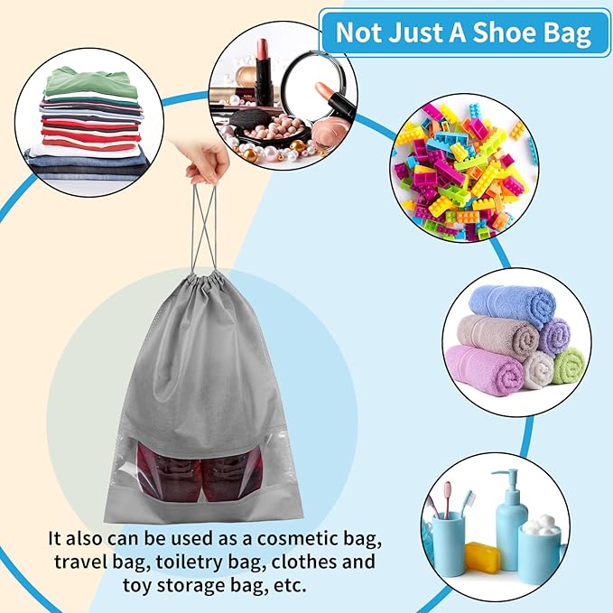Large Gray Travel Shoe Bags - 10 Pcs with Clear Window, Non-Woven Drawstring, 12.6" X 17.3" for Men Women
