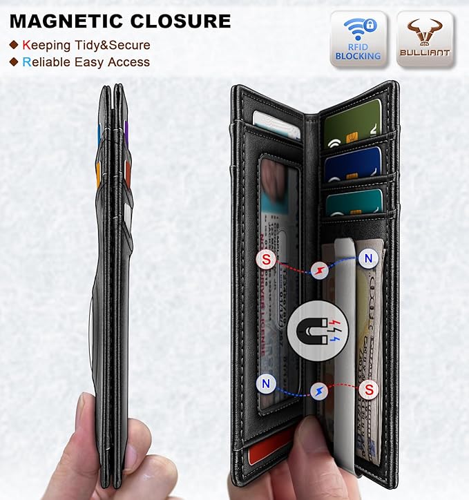 BULLIANT Men Airtag Wallet,Slim Wallet Money Clip Card Holder Magnetic Closure 12 Cards in Front Pocket RFID Blocking
