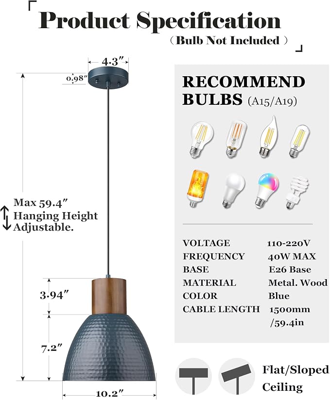 ELYONA 2 Pack Modern Hammered Pendant Lights 10.2” Blue Solid Wood Hanging Lamp, Adjustable Height, Industrial Metal Pendant Lighting for for Farmhouse, Kitchen Island, Dining Room,Bedroom,Bar,Office