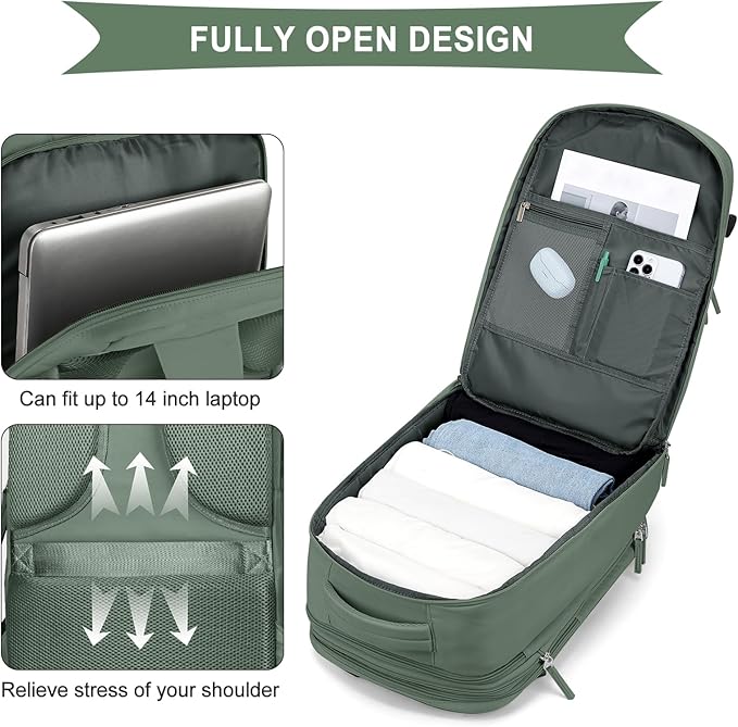 coowoz Large Travel Backpack For Women Men, Carry On Backpack,Hiking Backpack Waterproof Outdoor Sports Rucksack Casual Daypack Expandable Heavy Duty Extra large Backpack Olive Green