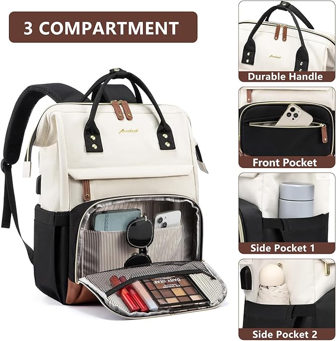 Focdod Laptop Backpack for Women, 17 Inch Work Business Backpacks Purse with USB Port, Large Capacity Doctor Nurse Bag Backbag, Waterproof Casual Daypack for Travel,Black-White-Brown