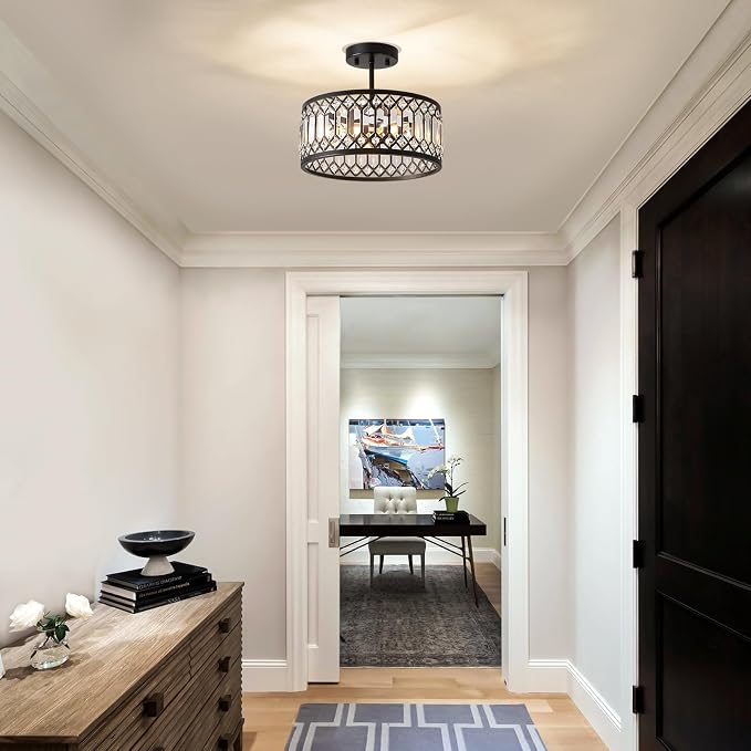 Pevfah Crystal Black Ceiling Light, 3-Light Semi Flush Light Fixture, 12 in | Flush Mount Dining Room Chandelier, Modern Light Fixture Ceiling Mount for Kitchen, Entryway, Bedroom, Bulbs Not Included