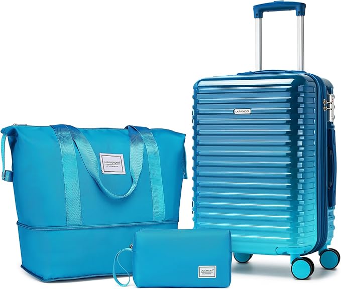 LARVENDER Carry on Luggage 22x14x9 Airline Approved, Expandable 20 Inch Hardside Suitcase with Wheels TSA Lock, PC+ABS Lightweight Carry on Suitcases for Women, Ocean Breeze (20/DB/TB)