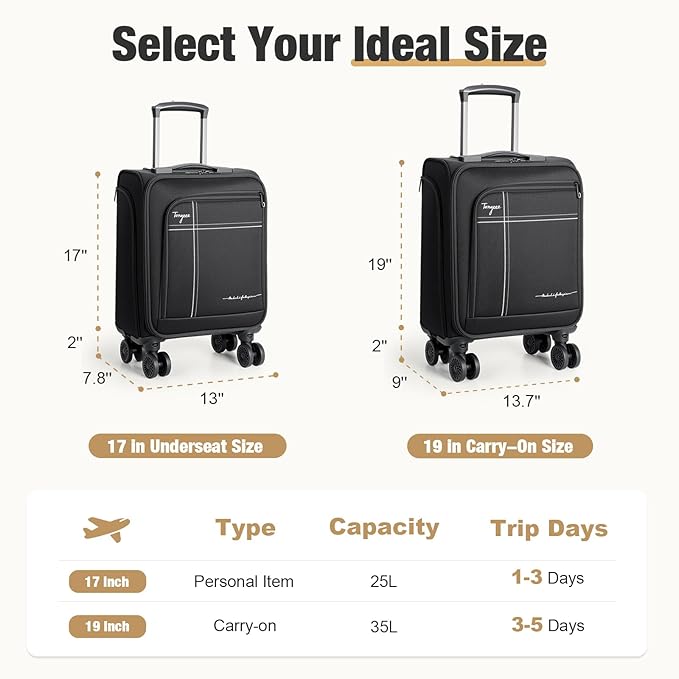 Softside Carry on Luggage 22x14x9 Airline Approved, 19 Inch Carry-on Luggage with Spinner Wheels, Water-Resistant Small Suitcase for Women Men Travel Business (Black, 19 inch_Carry on)