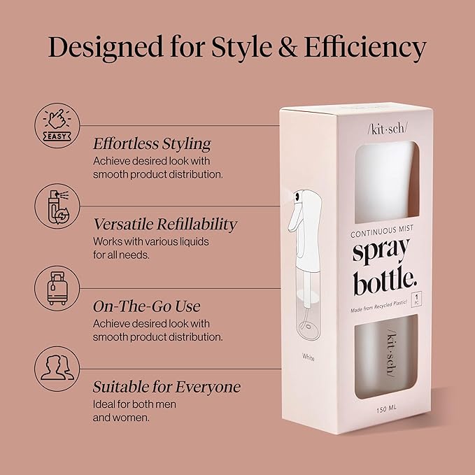 Kitsch Continuous Spray Bottle for Hair – Fine Mist Water Mister & Water Spray Bottle – Recycled Hair Spray Bottle – Spray Bottles for Cleaning, Styling, Plants & More – White, 150ml