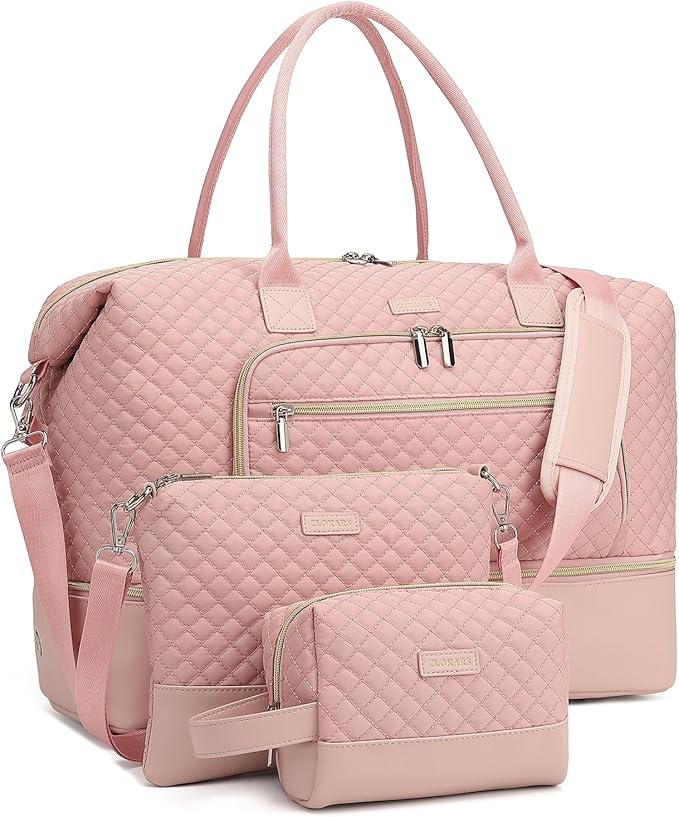 Duffle Bag for Women Travel, Weekender Bag Overnight Bag with Shoe Compartment, Carry on Bag with Crossbody Purse for Over Night, Weekend, Yoga, Gym, Business Trips, Hospital, Pink