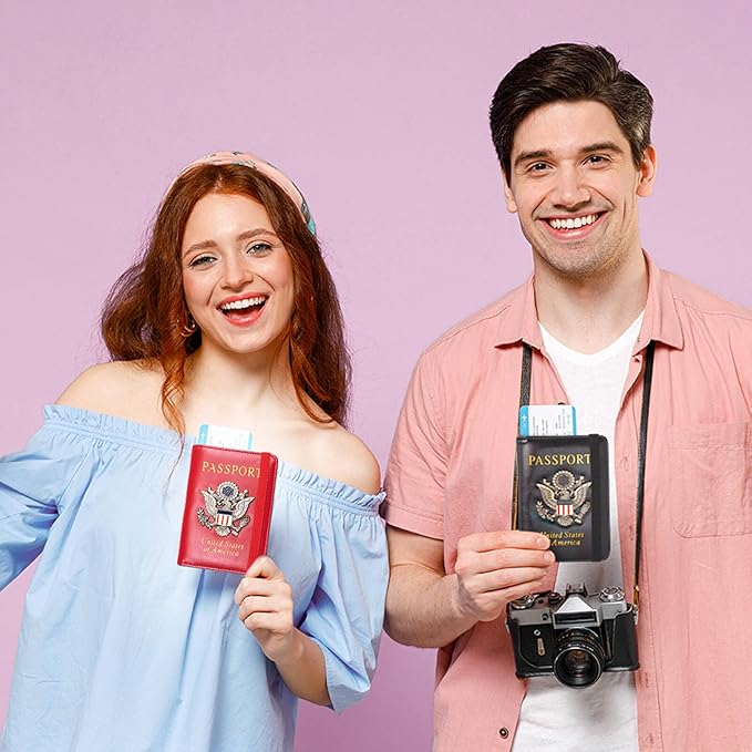 Passport Holder Cover and Card Case Slot Combo RFID Blocking Leather Travel Passport Wallet for Men and Women US Passport Protector Document Organizer,Bright Red