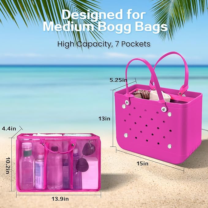 XYFuuee Beach Bag Organizer Inserts for Baby Medium Bogg Bag Accessories with 8 Removable Metal Fasteners, Lightweight Mesh Insert Divider Pouch, Organizing Rubber Tote, Save Storage Space, Hot Pink M