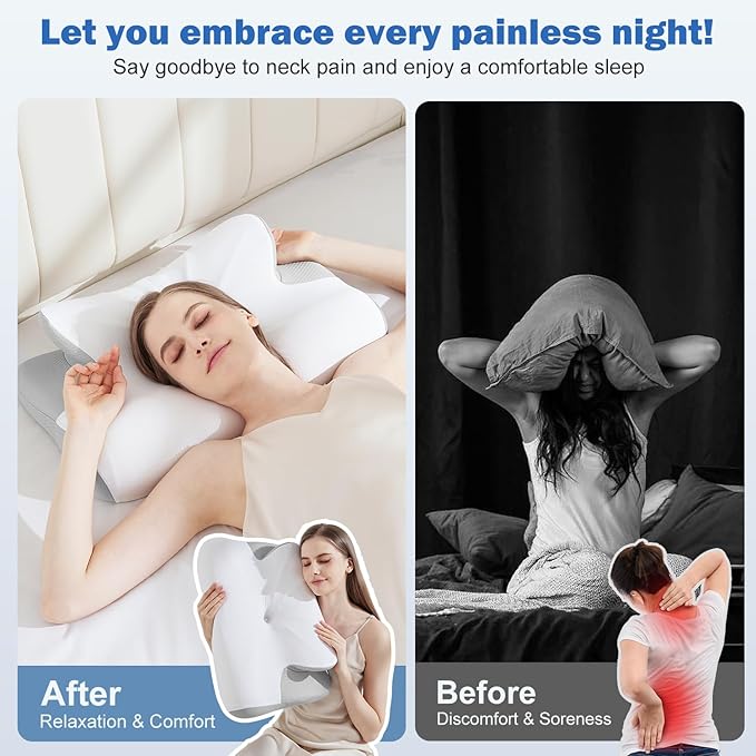 Cervical Neck Pillow for Sleeping - Cooling Ergonomic Memory Foam Pillow for Neck Pain Relief, Soft and Stretchy, Relieves Shoulder Pressure, Side Sleepers, Cooling and Breathable Ice Silk Pillowcase