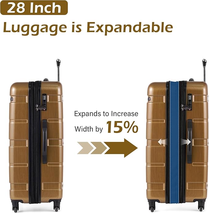 Coolife Luggage Set 3 Piece Hardside PC+ABS Suitcase with TSA Lock, Expandable Large Checked Luggage, Lightweight Rolling Carry On with Spinner Wheels(20/24/28 Inch, Black Brown)