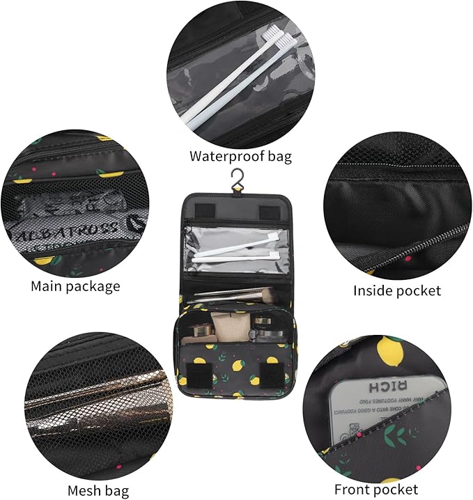 Foldable Hanging Travel Toiletry Bag,Waterproof Portable Travel Bags, Multifunction Travel Makeup Cosmetic Bag Organizer with Hanging Hook (Black Lemon)