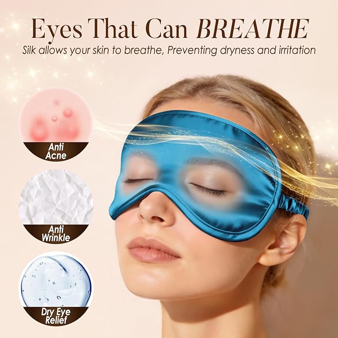 Breathable Silk Sleep Mask Blindfold, Elastic Blackout Eye Cover Headband for Sleeping Nap Travel Time, Peacock Blue, 1 Pack