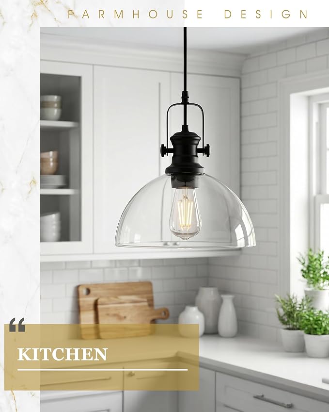 Large Pendant Lights Kitchen Island, 10.5" Farmhouse Black Pendant Lighting with Clear Glass Shade, Vintage Hanging Light Fixtures for Dining Room Entryway, Adjustable Cord, AD-22151-1PL-BK-C