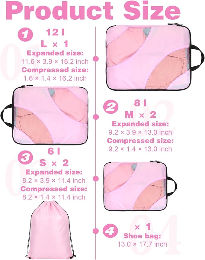 6 Set Compression Packing Cubes, Expandable Large Packing Cubes for Suitcases and Backpack, Compression Suitcase Organizers with Shoe Bag for Travel