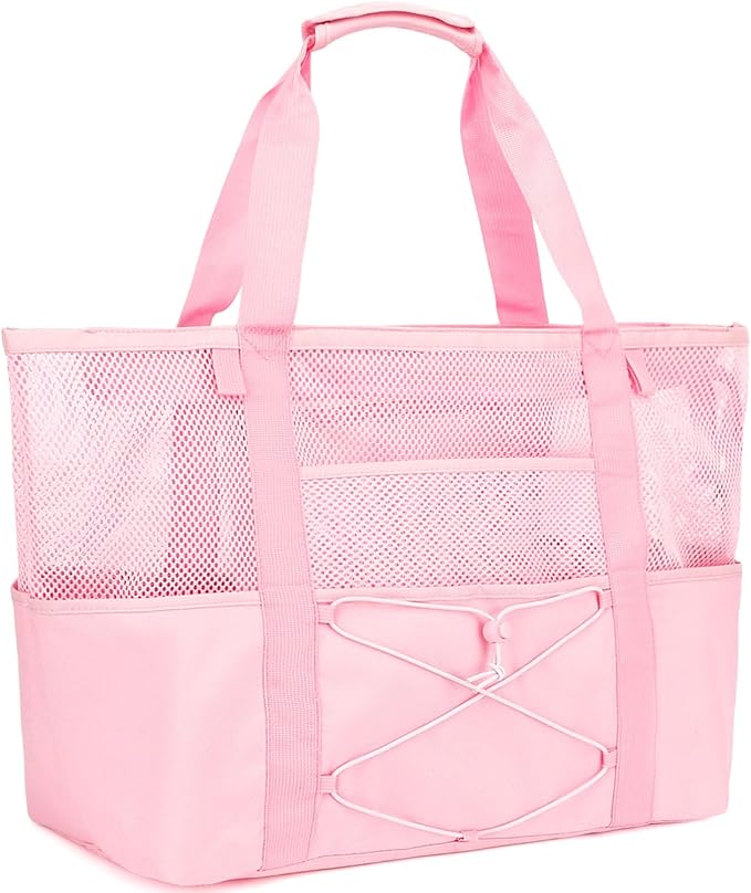 Fammart Mesh Beach Bag, Large Beach Tote with Zipper Pocket, Toys Pool Bag for Family Travel Vacation Cruise Essentials