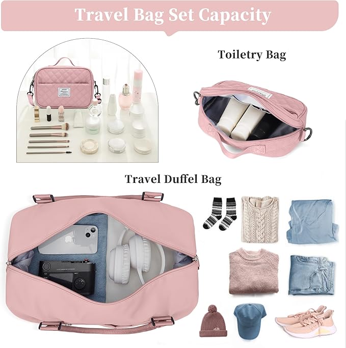 Weekender Bags for Women,Personal Item Travel Bag with Shoes Compartment,Large Overnight Travel Duffel Bag with Grid Toiletry Bag,Pink