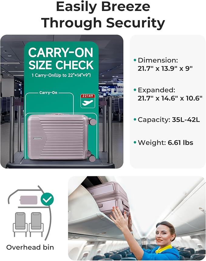 BAGSMART Carry On Luggage 22x14x9 Airline Approved with Spinner Wheels,100% PC Hardside Expandable Luggage with TSA Lock for Trips, 20 Inch Rolling Suitcases for Men Women,Purple