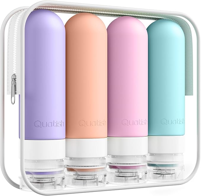 Quatish Travel Bottles for Toiletries, Original Patented Leak Proof Travel Size Toiletries, 3 oz Tsa Approved Silicone Shampoo and Conditioner Bottles, Travel Essentials, 4 Pack, Pink