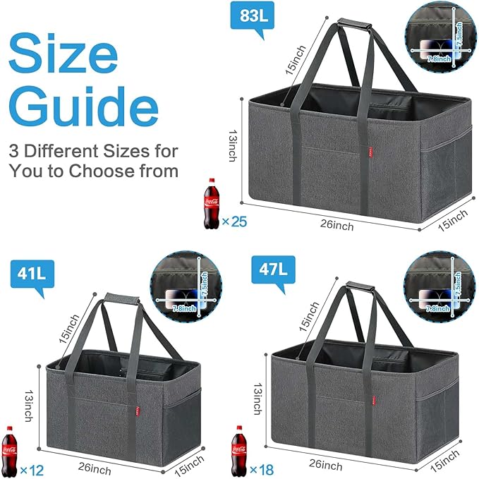 LHZK Standing Utility Tote Bag with Metal Wire Frame and the Sides Rinforced, Large Tote Bag with Handle, Reusable Grocery Bags Foldable, Beach Bag, Car Tote (Grey, 18.5''x11.8''x11.5'')
