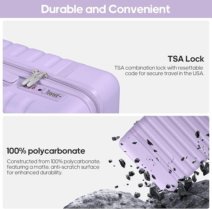 UKEIN Luggage Sets 3 Piece, Carry On Luggage 20In With Spinner Wheels,PC Hardside Suitcase Set with TSA Lock,Durable Carry On Suitcase With Travel Backpack for Men (Violet, 3 piece set (BP/20inch))