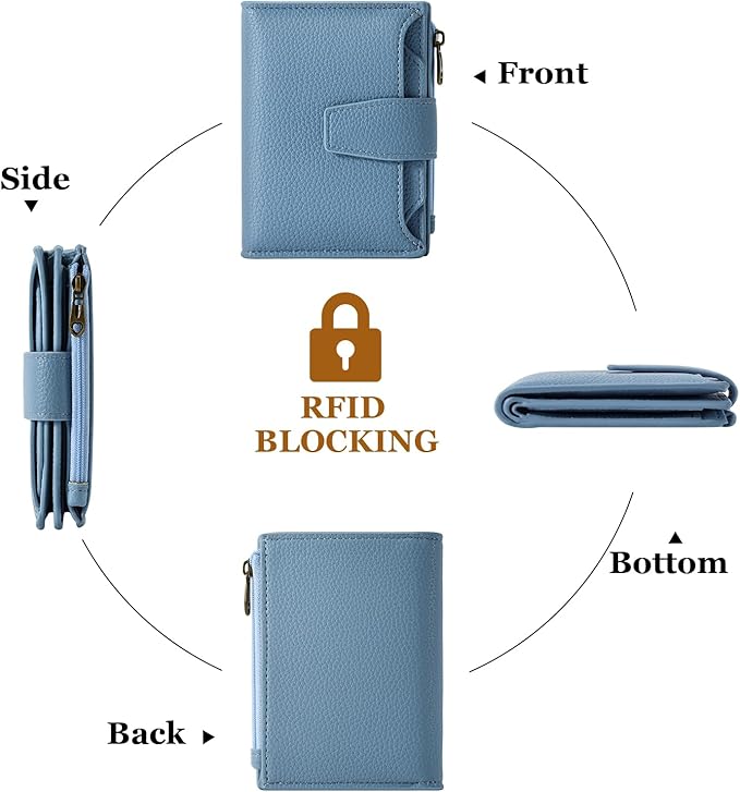 Airkit Small Wallet Women RFID Blocking Soft Leather Bifold Compact Card Holder Wallet for Women with Zipper Coin Pocket 4 ID Window