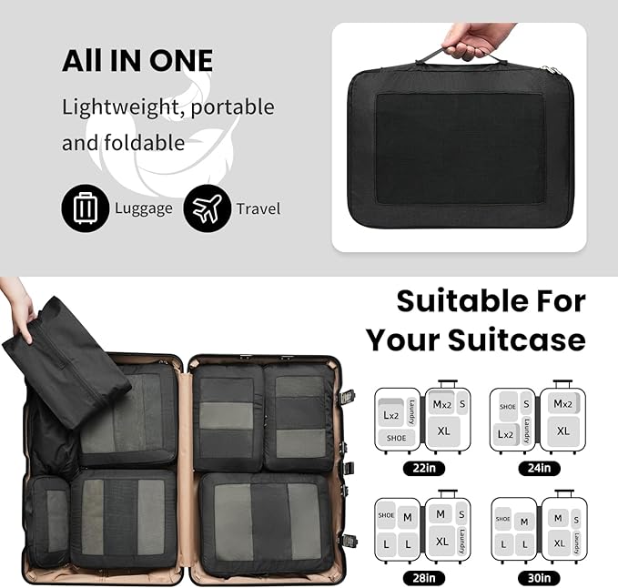 Compression Packing Cubes for Travel, Lightweight Vacation Travel Essentials, Travel Accessories for Suitcase Organizer Bags Set, Durable Luggage Organizer