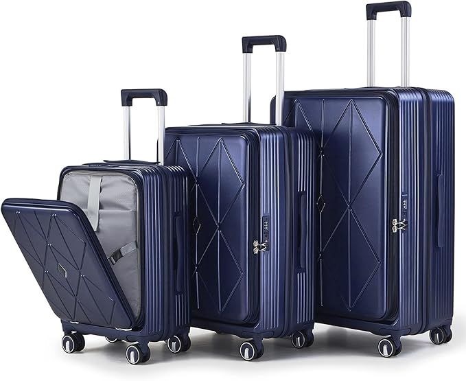 3 Piece Luggage Set 100% PC Hardshell, Front Opening Expandable Suitcase (20/24/28) with Laptop Compartment & Free Custom PVC Covers, Lightweight Spinner Wheels TSA Lock (Navy Blue)