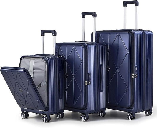 3 Piece Luggage Set 100% PC Hardshell, Front Opening Expandable Suitcase (20/24/28) with Laptop Compartment & Free Custom PVC Covers, Lightweight Spinner Wheels TSA Lock (Navy Blue)