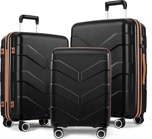 Luggage Sets 3 Piece with Spinner Wheel, Hardside Suitcase Set with TSA Lock, Expandable Lightweight Travel Luggage for Men and Women, Black