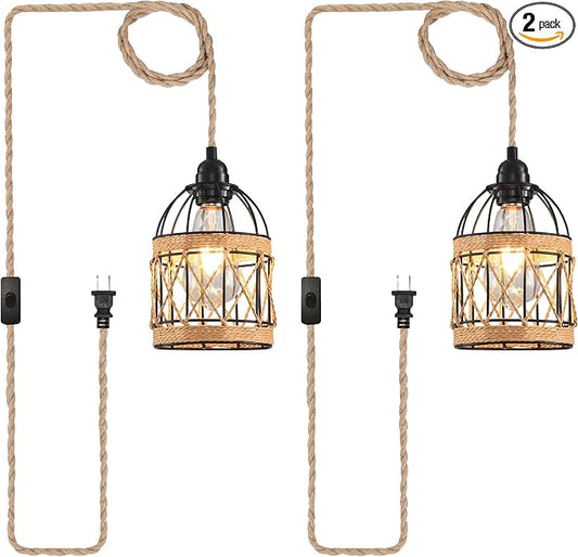 Plug in Pendant Light, Industrial Hanging Light with Plug in Cord Hemp Rope On/Off Switch Farmhouse, Vintage Pendant Light Fixture, Hanging Lamps for Dining Room