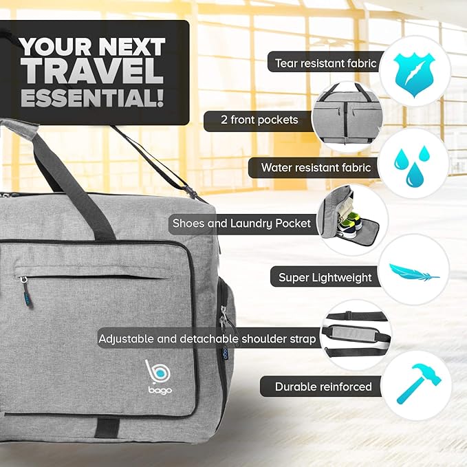 Bago Extra Large Duffle Bag for Travel Women & Men. Durable, Lightweight, Foldable Travel Duffel Bags For Traveling Women. 120L Duffle Bags Use As a Weekender Bag with Shoe Compartment, Checked Duffel