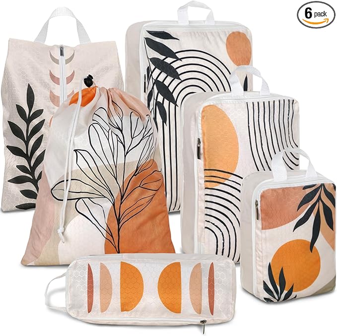 6 Pcs Compression Packing Cubes Waterproof Suitcase Travel Bag Luggage Backpack Organizer Travel Cubes for Packing-Bohemian