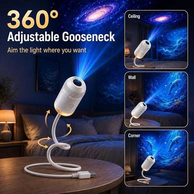 2027 Upgraded Hd Smart Dynamic 5d Holographic Night Light Projector, Plug and Play Hd Star Projector, 360° Adjustable Hd Galaxy and Ocean Projector for Bedroom Ceiling (12 Projection Films)