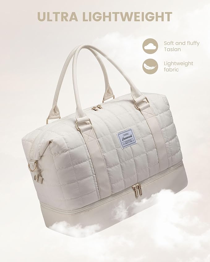 LOVEVOOK Large Duffle Bag for Travel, Puffer Weekend Bags for Women Travel Tote, Carry on Duffel Bag for Airplanes, 18 Inch Personal Item Bag Gym Bag Women, Beige