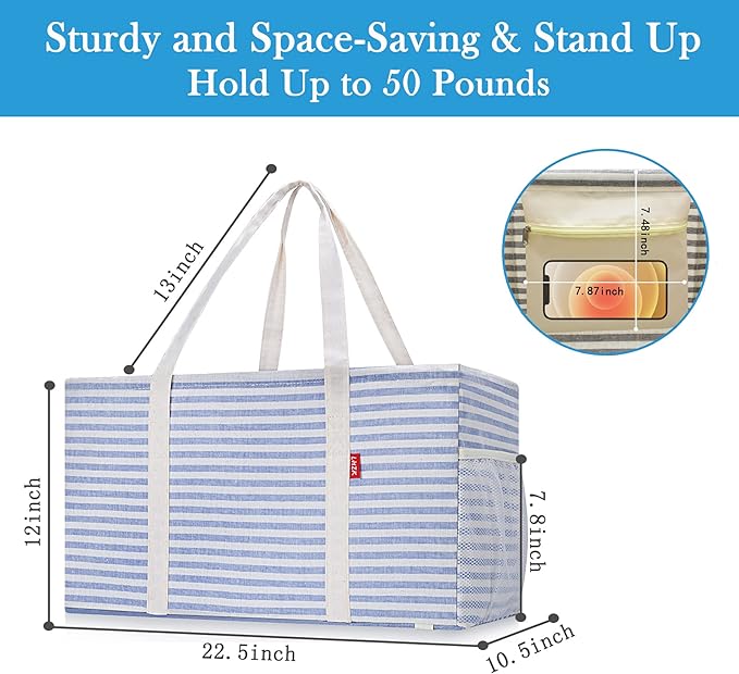 LHZK 2 Pack Extra Large Utility Tote Bag with Metal Wire Frame and the Sides Rinforced, Extra Large Tote Bag with Handle for Pool Beach Laundry Storage (Blue) | 22.5''x10.5''x12''