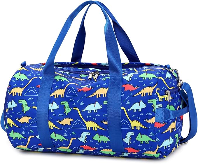 CAMTOP Kids Duffel Overnight Bag Boys Girls Toddler Weekender Carry-On Personalized Tote for Travel Gym Sport (Dinosaur-Dark Blue)