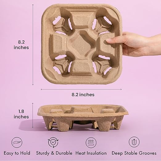 FMP Brands 4 Cup Disposable Drink Carrier Trays, 320 Pack Compostable Pulp Fiber Cup Holder for 8-32oz Cup, Durable to Go Coffee Cup Holders for Delivery Service, Uber Eats