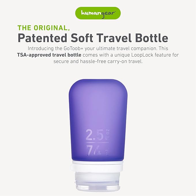 humangear GoToob+ (Medium) | Refillable Silicone Travel Bottle | Locking Lid | Food-Safe Material | Purple, Medium (2.5 fl.oz.; 74ml)