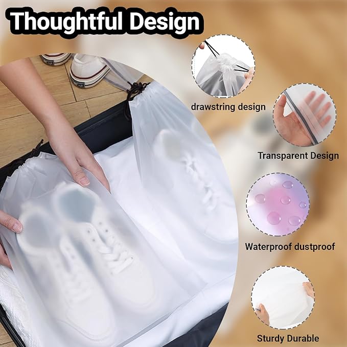 8 Pack Waterproof Travel Drawstring Shoe Bags, Clear Travel Essentials Drawstring Shoe Storage Bags (15.7" x 11.8"), Waterproof, Portable Shoe Storage for Packing Travel Essentials for Men & Women