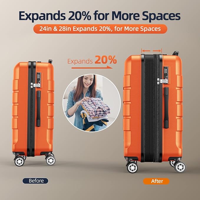 SHOWKOO Luggage Sets Expandable 100% PC Durable Suitcase Sets Double Wheels TSA Lock 4 Piece Luggage Set Orange